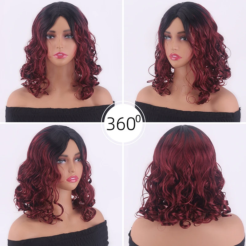 European and American fashion burgundy gradient wig, African small curls, natural synthetic fiber headpiece, middle-parted short