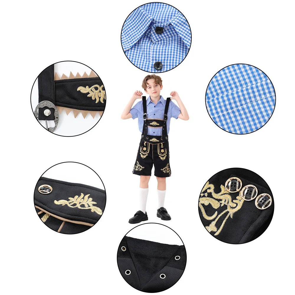 Two-piece Kids Boys German Oktoberfest Costumes Set Overalls Cotton Plaid Shirt Bavarian Beer Festival Party Oktoberfest Outfits