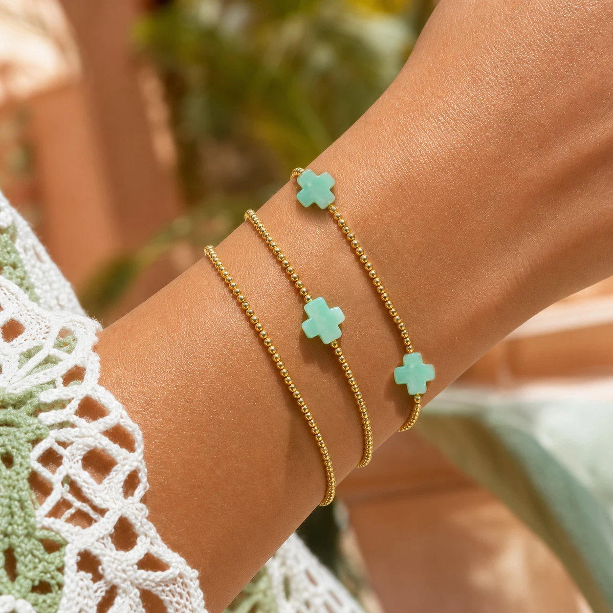 3pcs Women's Copper Beaded Strand Bracelet with Green Cross Charm Cute Romantic Style Minimalist Wrist Jewelry