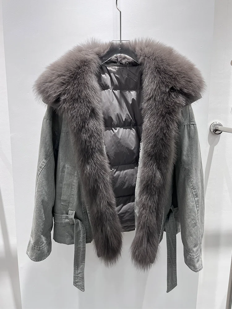 새로운 럭셔리 겨울용 여성 구스 다운 재킷 리얼 폭스 퍼 칼라 두꺼운 파카 푸퍼 재킷 아우터 여성 데님 코트
