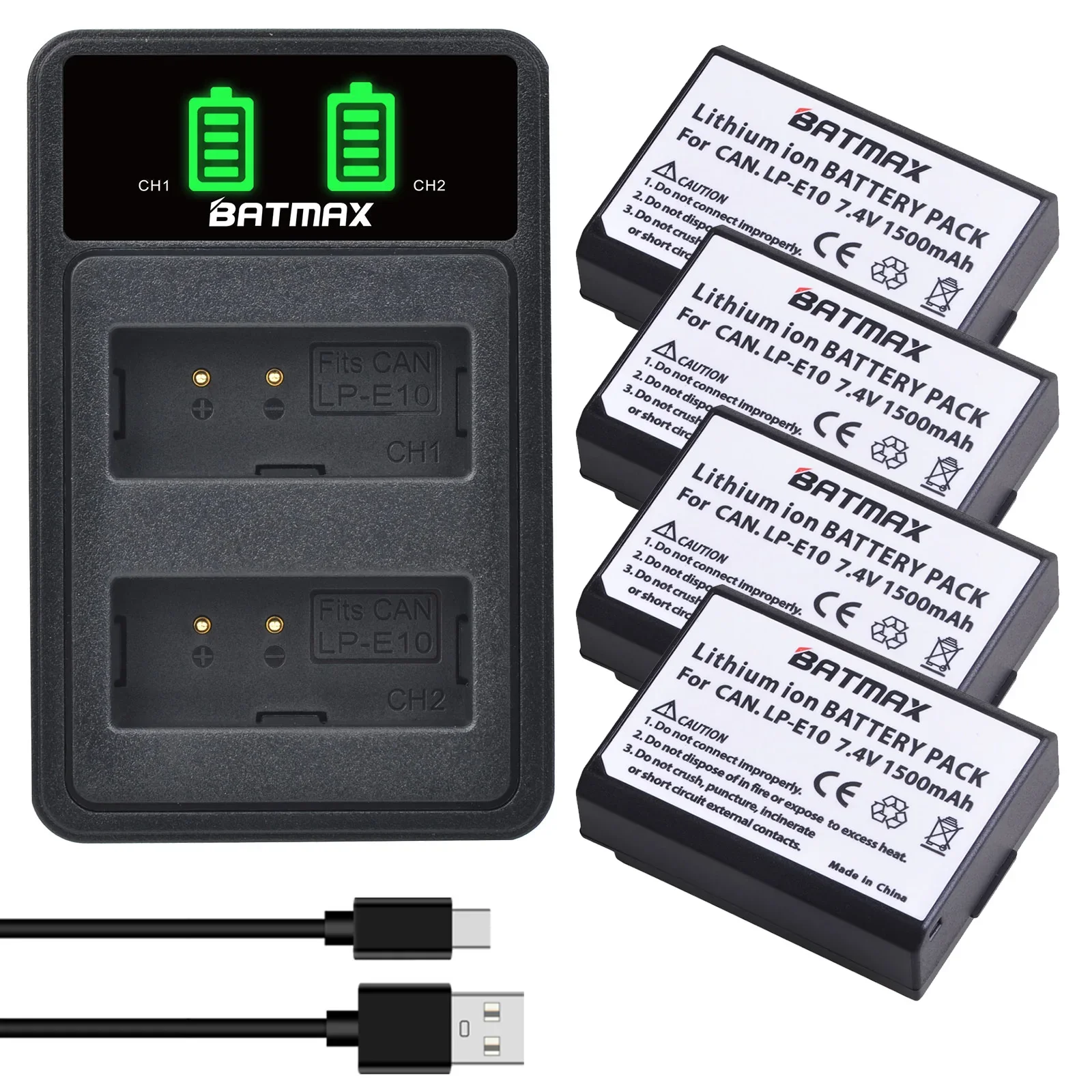 Batmax 1500mAh LP-E10 LPE10 Battery+New LED Dual Charger with Type C Port for Canon1100D 1200D 1300D 2000D Rebel T3 T5 T6
