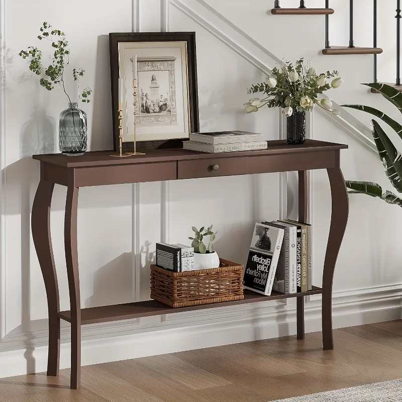 

1pc Narrow Console Table With Drawer, Chic Accent Sofa Table With S-Shape Wooden Legs For Living Room Office