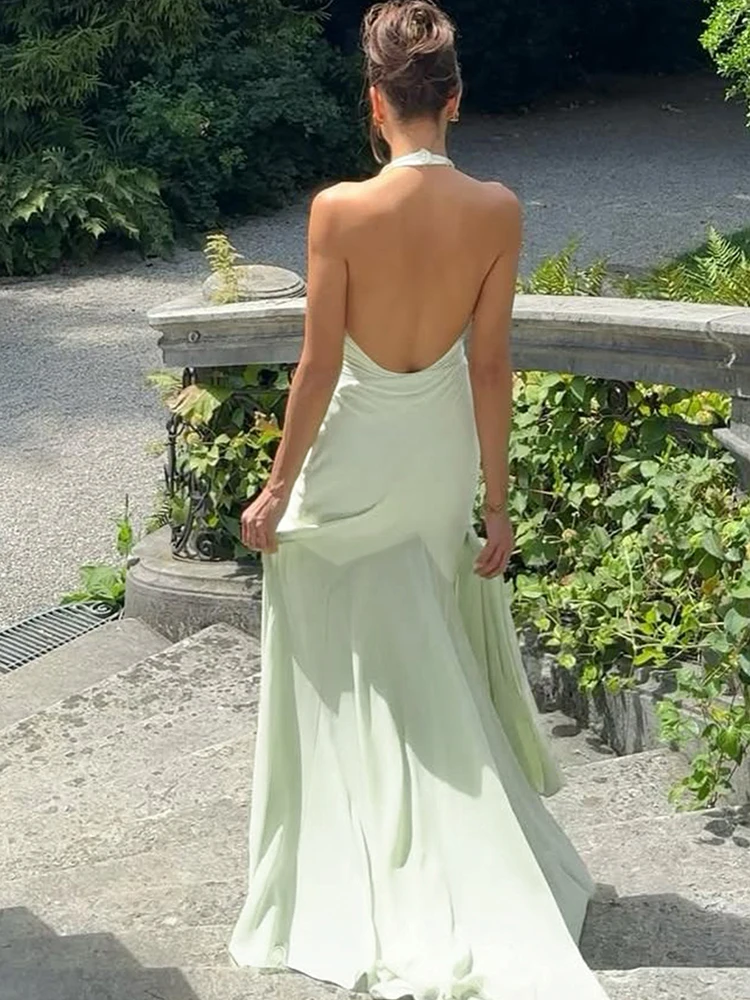 Cutenew-Vestidos de malla de retales para mujer, Vestidos lisos sexys con espalda descubierta y cuello en V, cuello Halter, abertura alta, Maxi, ceñido al cuerpo, transparentes, para vacaciones