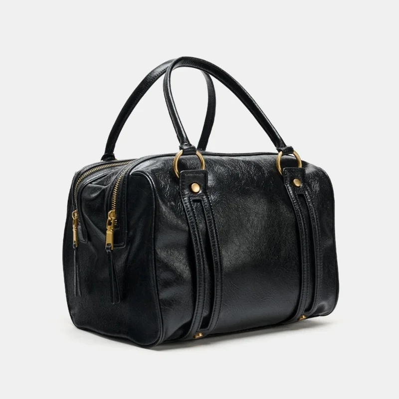 

Vintage Oil Wax Leather Women's Handbag New Double-opening Zipper Closure Commuter Underarm Bag Ladies Mini Pillow Bag