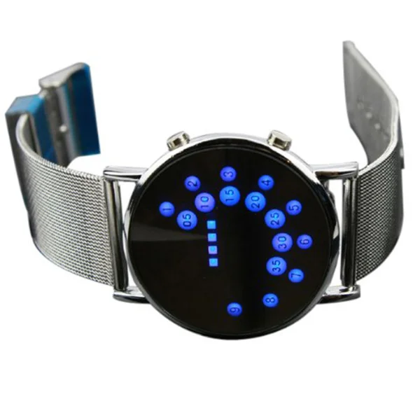 

Men Boys Round Mirror Face Blue LED Digital Watch Silver Stainless Steel Band Precise Quartz Movement Date Time Display