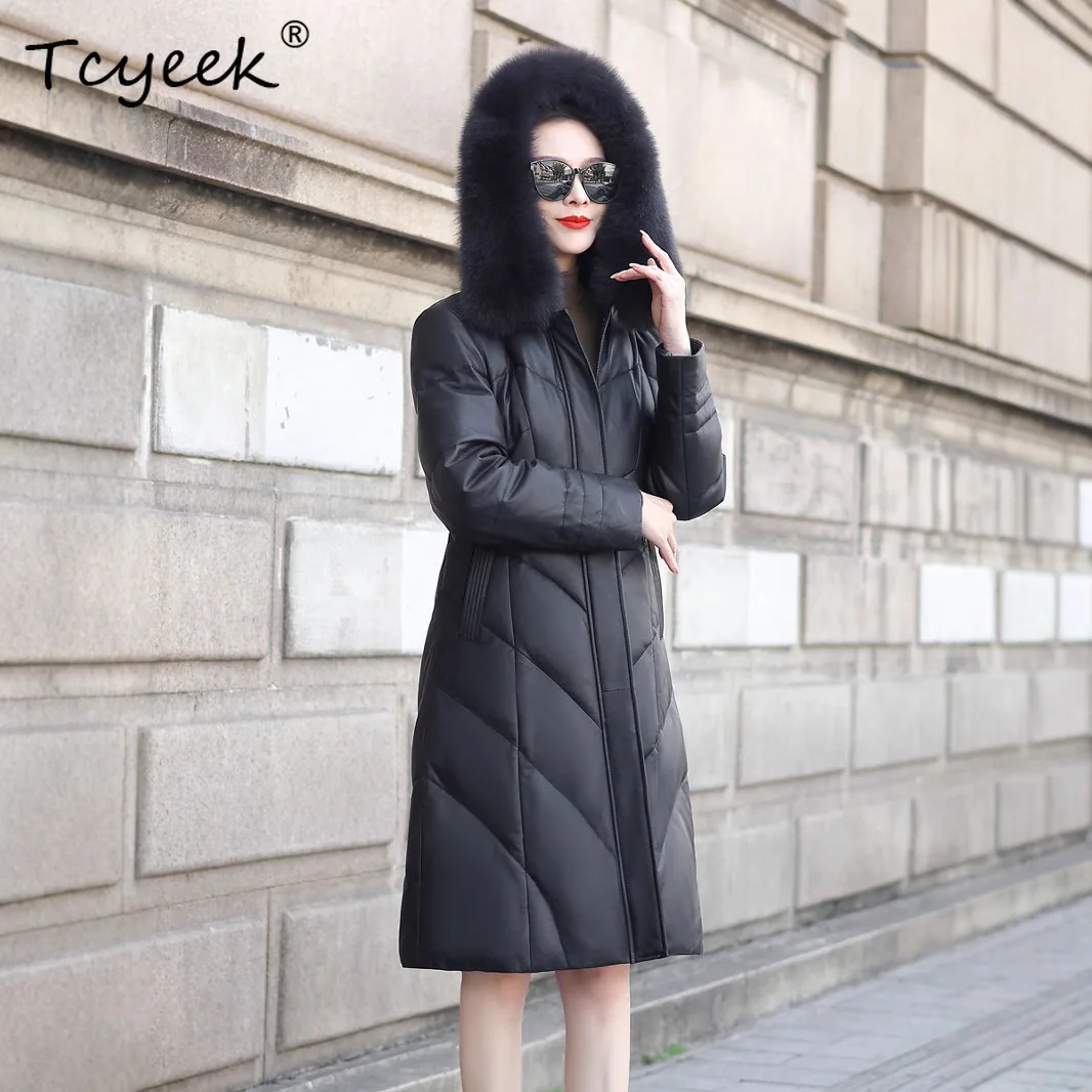 Tcyeek Vera pelle di pecora Piuma d'oca bianca Autunno Inverno Con cappuccio Nero Giacca in vera pelle da donna di media lunghezza Jaqueta Couro