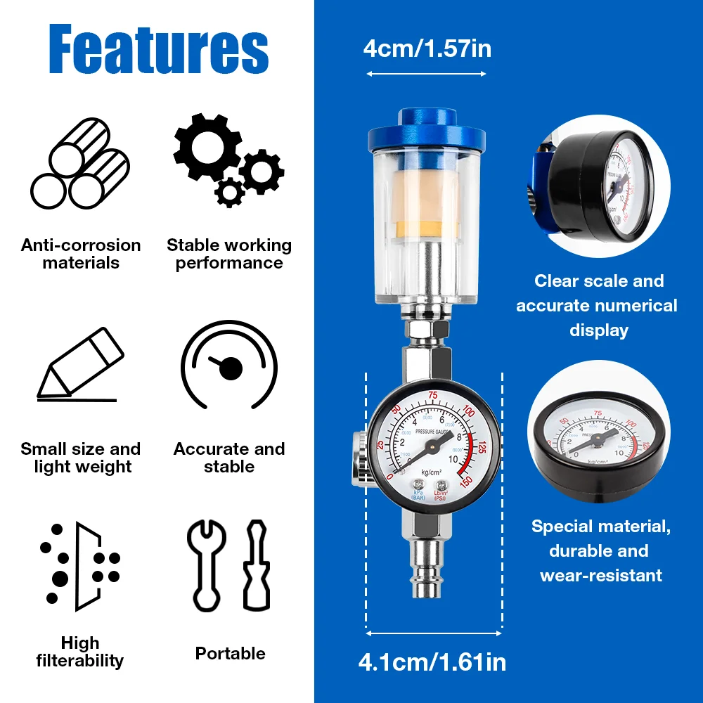 G1/4 Thread Oil-Water Separator Filter Separator Spray Gun Air Regulator Pressure Gauge with EU Adapter for Spray Gun Air Tool