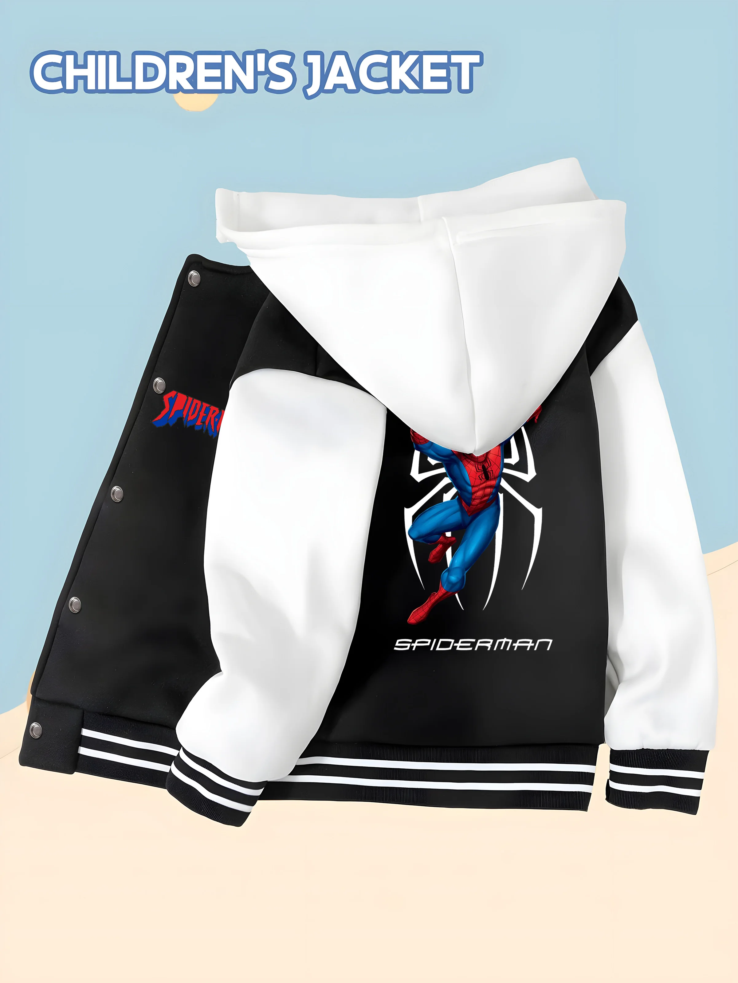 

MINISO Marvel hero Spider-Man children's baseball jacket with retro colorful prints, black and white contrast, fashionable and c