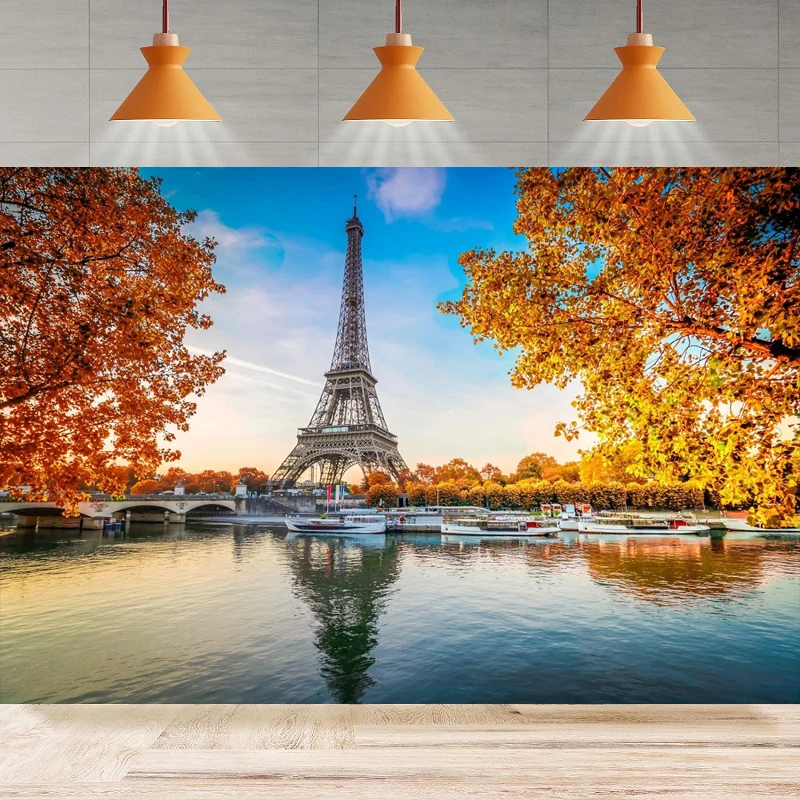 Paris Eiffel Tower Photography Backdrop Paris City Yellow Leaves Trees In Autumn Background Birthday Party Backdrop Wall Banner