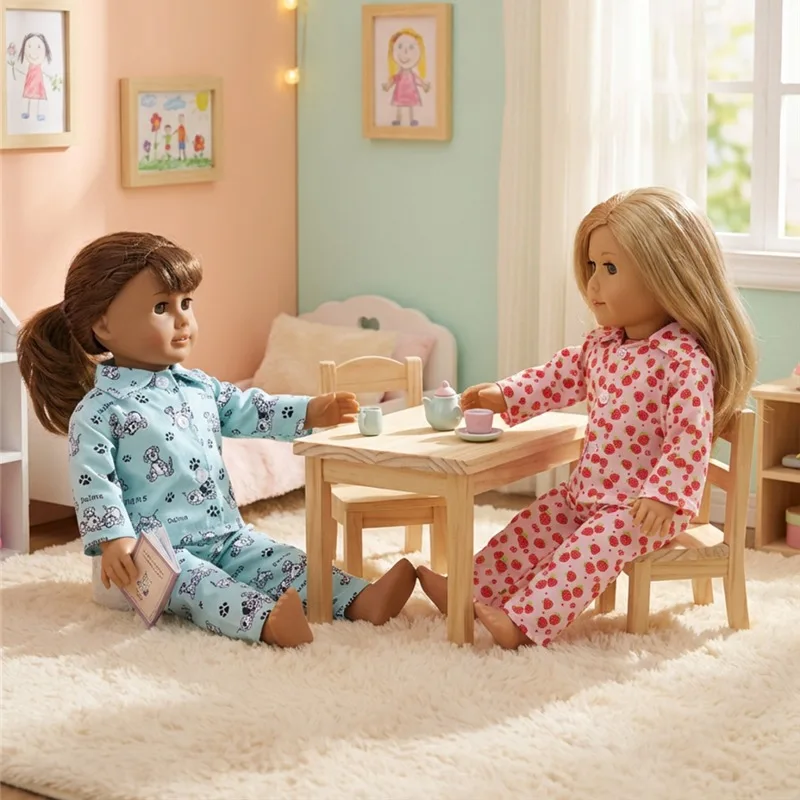 Ubranka do spania dla lalki American Girl 18 cali, zestaw piżamy, wzór w panterkę i owoce, strój dla lalki 43 cm, lalka reborn.
