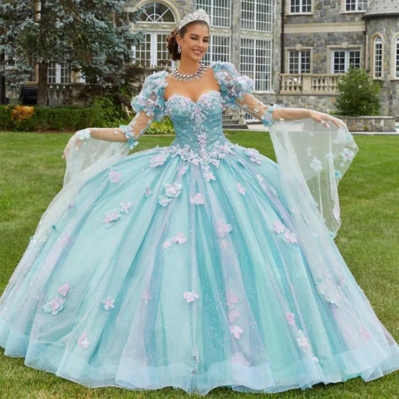 Amazing Light Green Quinceanrea Dresses Pink Tulle Customized 2025 Elegant Flowers Ball Gown Prom Dress Long Sleeves Sweet 15 16