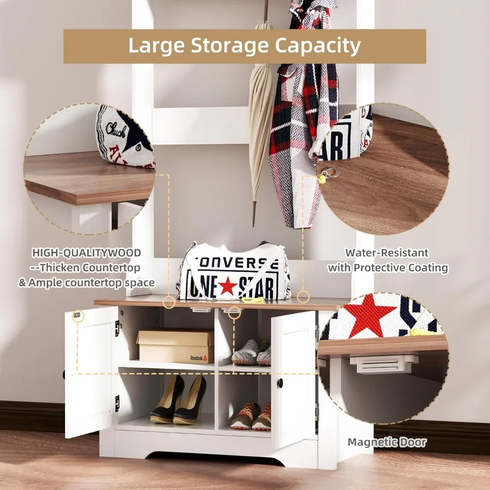 مقعد تخزين الأحذية متعدد الوظائف على طراز المزرعة مع رف معطف و3 خطافات للمدخل #3