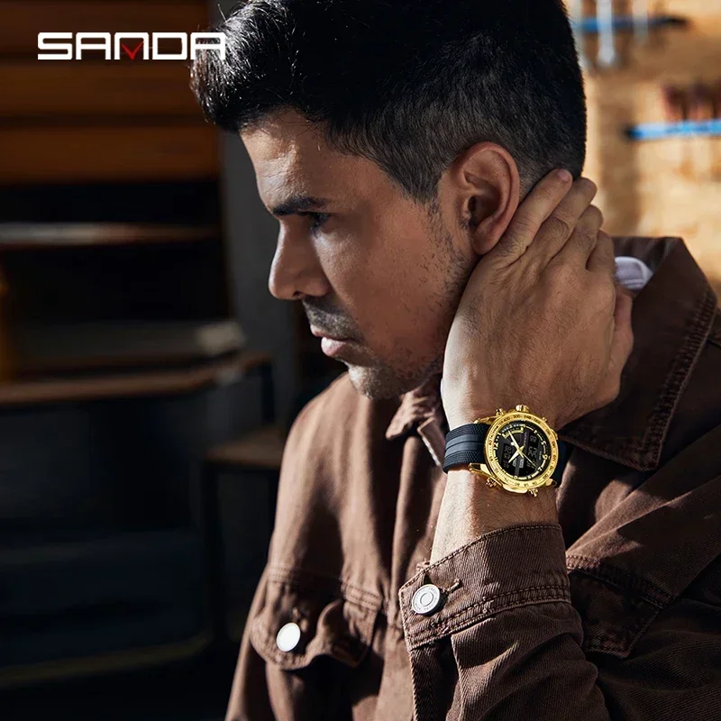 SANDA 남성용 탑 럭셔리 패션 오리지널 스포츠 손목 시계 석영 스틸 방수 듀얼 디스플레이 밀리터리 시계 Relogio Masc
