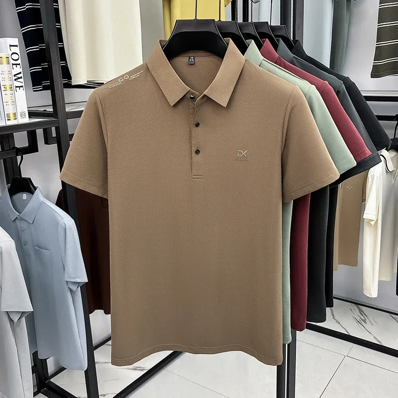 Mens Vertical Fine Rib Short Sleeve Polo Shirts Minimal Chest Embroidery Anti Crease Soft Comfort Daily Business Shirts