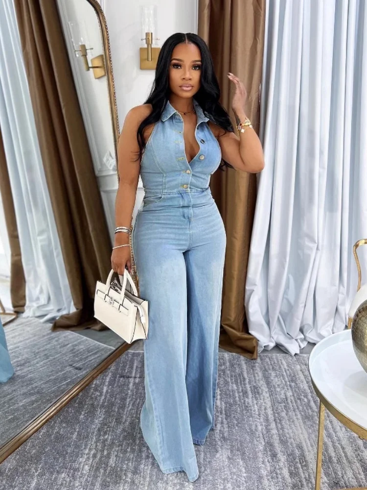 Wmstar Women Jumpsuit Wholesale Fashion Sexy Hanging Neck Sexy Leak Back Long Denim Temperament Commuter Jumpsuit New Style 2026