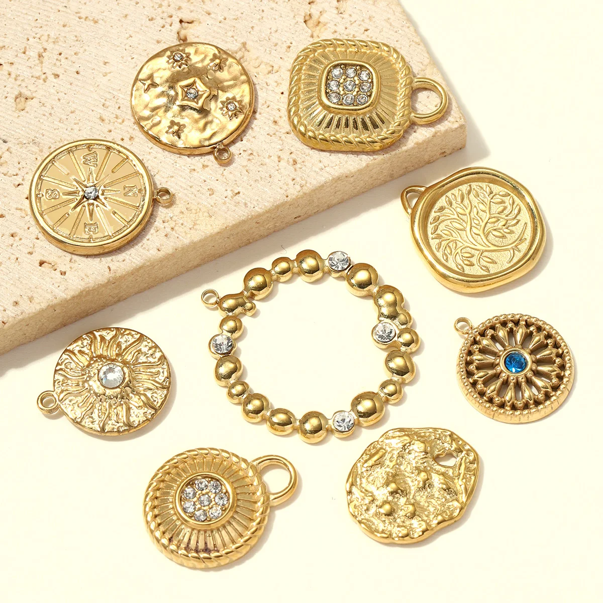 3pcs/Lot Stainless Steel Compass Sun DIY Earring Charms Rhinestone Square Circle Necklace Pendants Woman Roller Skates Jewelry