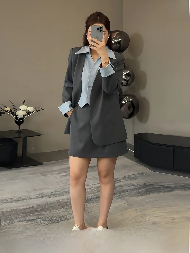 

Женский весенний модный комплект больших размеров: имитация двухслойного костюма (жакет и юбка), юбка А-силуэта с высокой талией, корейский стиль