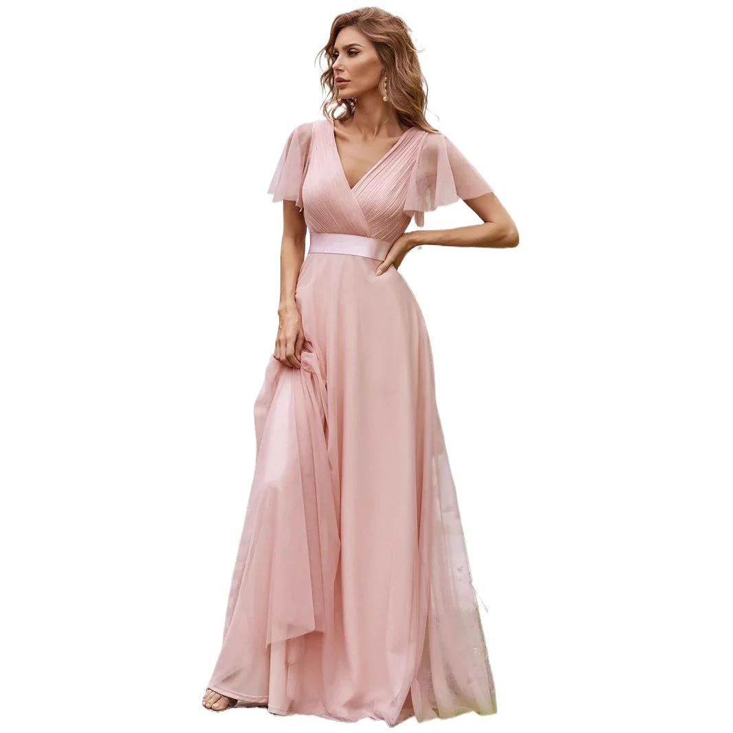 

Elegant Double V-neck Ruched Chiffon Long Formal Evening Bridesmaid Dress With Short Sleeves
