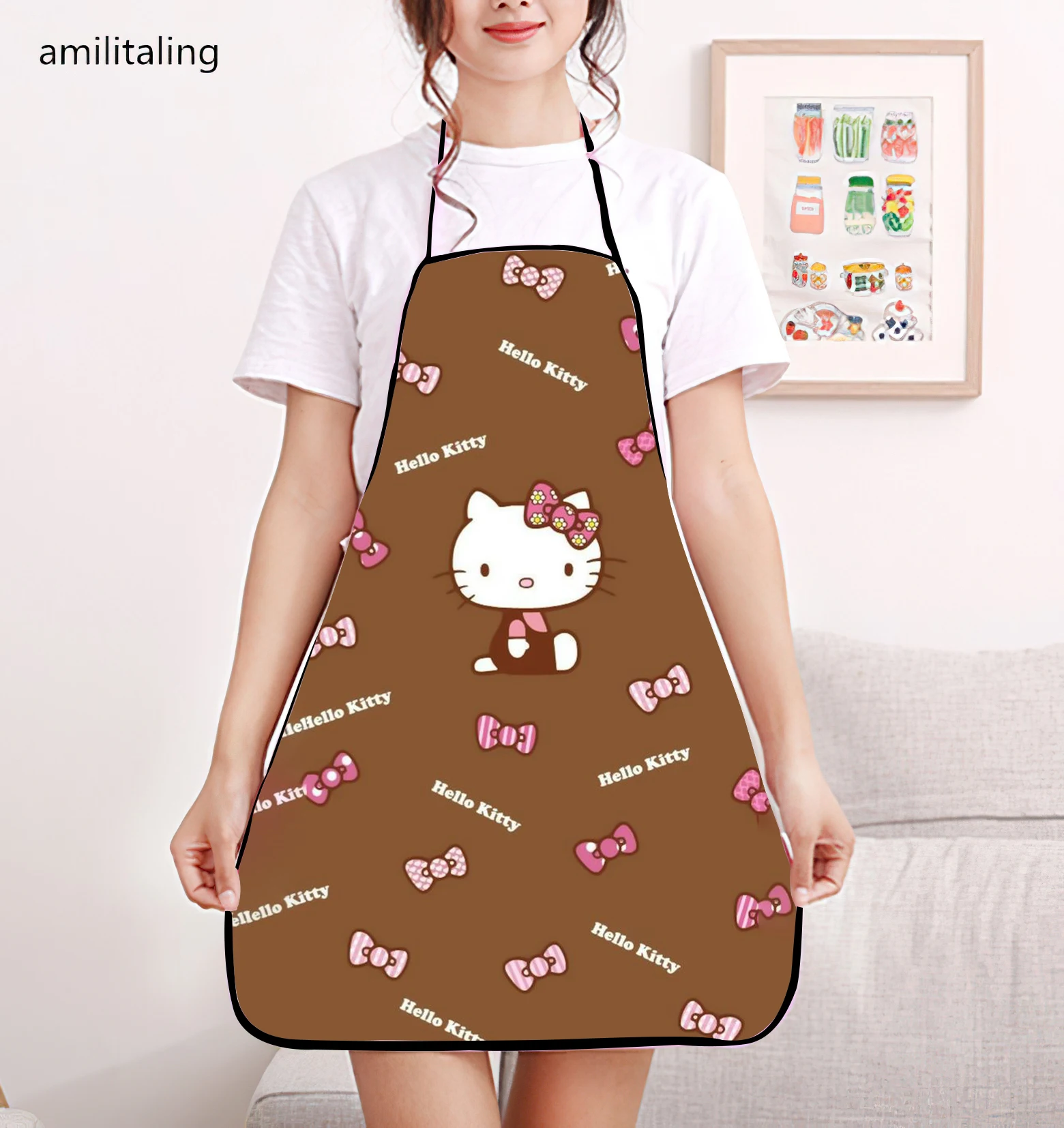 Hellokitty cute cartoon print bib apron - adjustable one size design, waterproof and durable polyester fabric suitable for garde