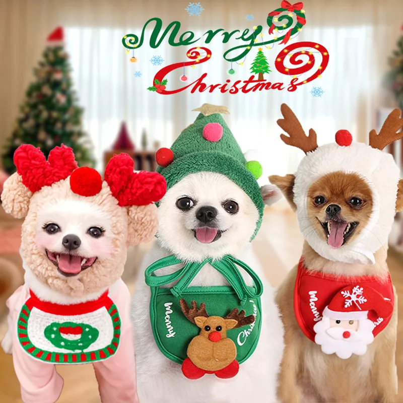 Christmas Puppy Dog Cat Costume Xmas Cat Santa Elk Hat with Bandana Bib Scarf Set Cat Accessories Pet Holiday Dress Up Supplies