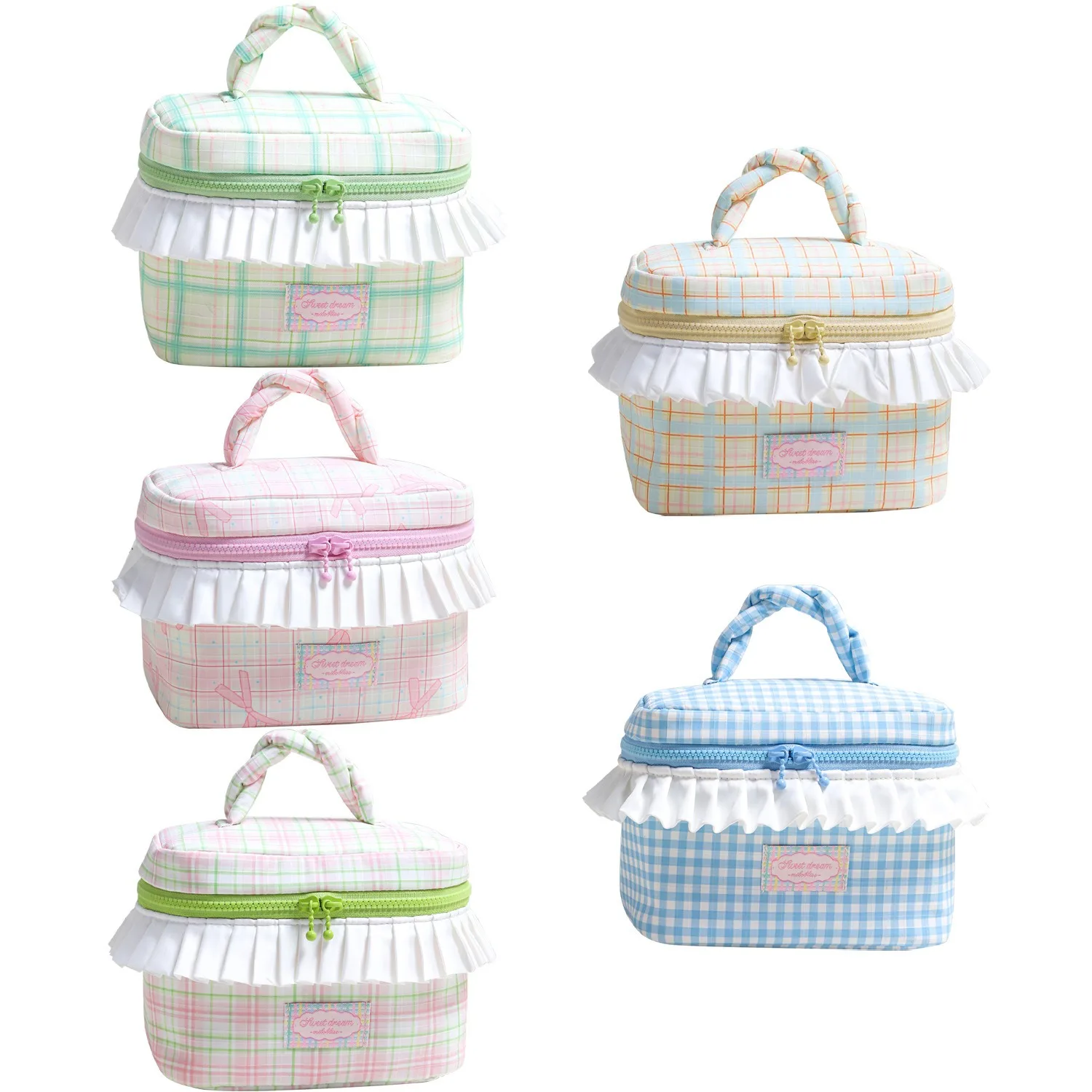 Korean-style niche design twisted handle makeup bag with large capacity pleated lace storage bag, color-blocked plaid wash bag.