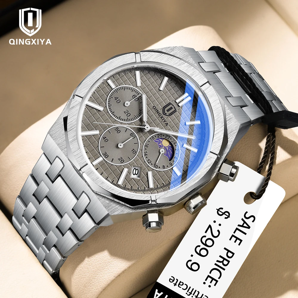 

QINGXIYA Men's Watches Top Brand Luxury Watch for Men Original Waterproof Stainless Steel Chronograph Moon Phase Date relogio