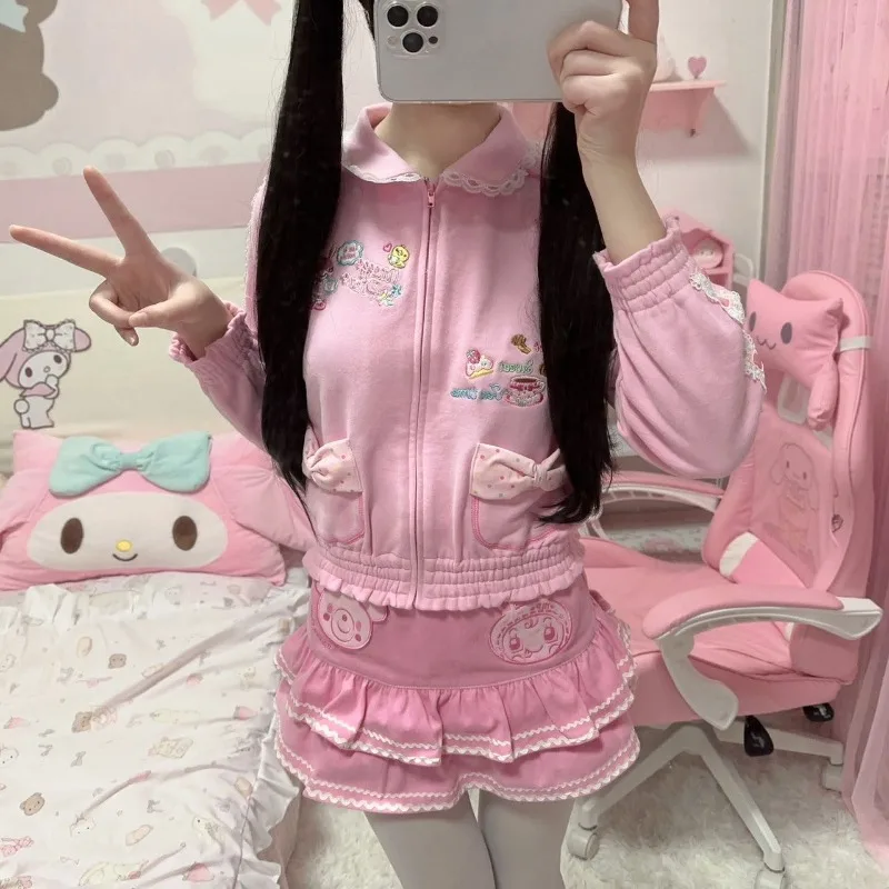 

Japanese Cute Cartoon Printed Dopamine Long Sleeve Tops for Girls Doll Collar Coat for Girl Kawaii Clothing Student Pink Jackets