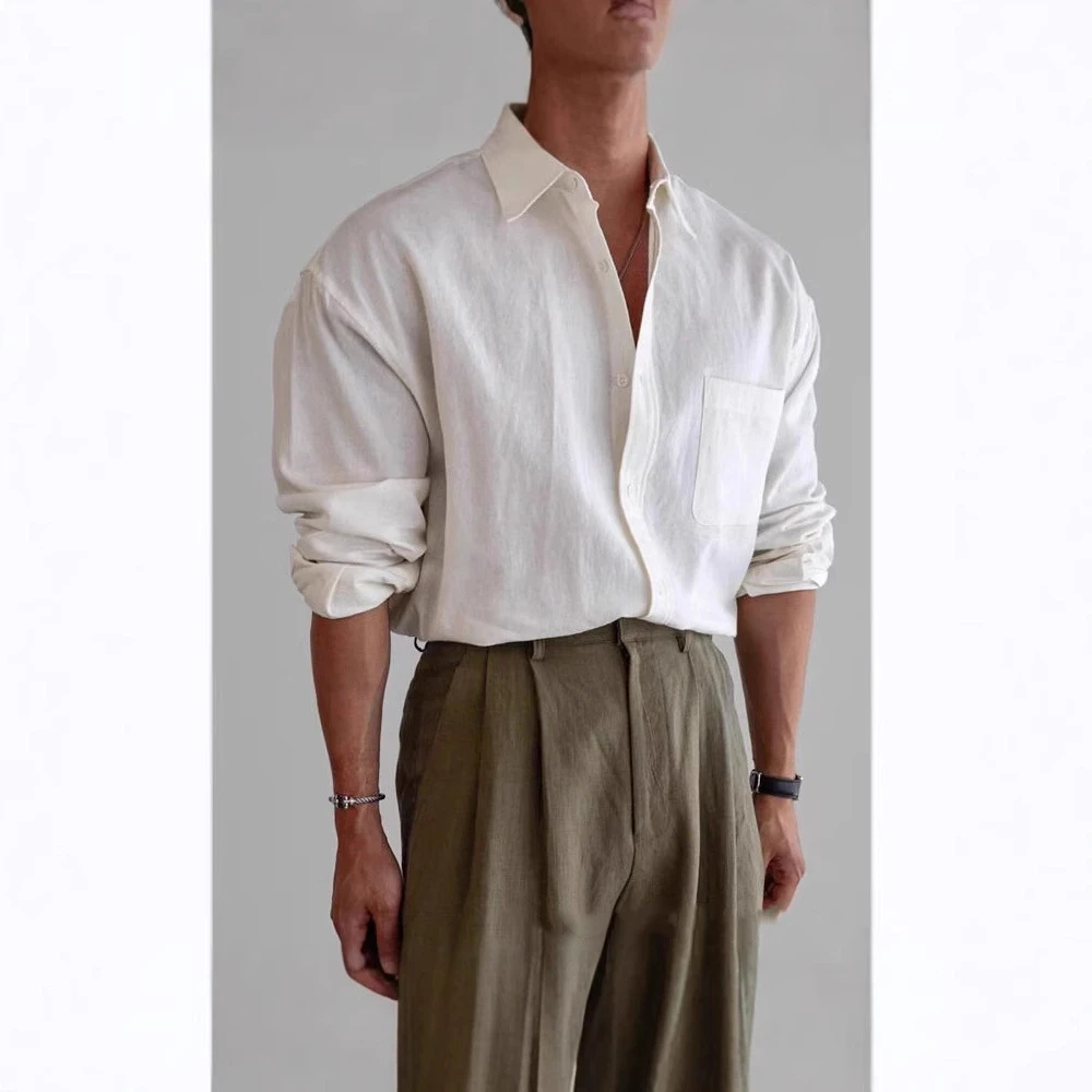 Vintage Men's Cotton and Linen Shirt, Long-sleeved Lapel Shirt, New Autumn Style, Casual Slim-fitting Men's Cardigan