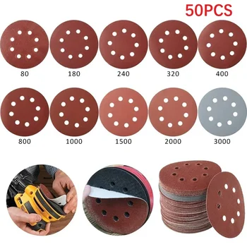 샌딩 디스크, 125mm 라운드 사포, 8 홀 혼합 그릿 80-3000 후크 및 루프 디스크, 샌드 시트 연마 도구, 50 개  Best5