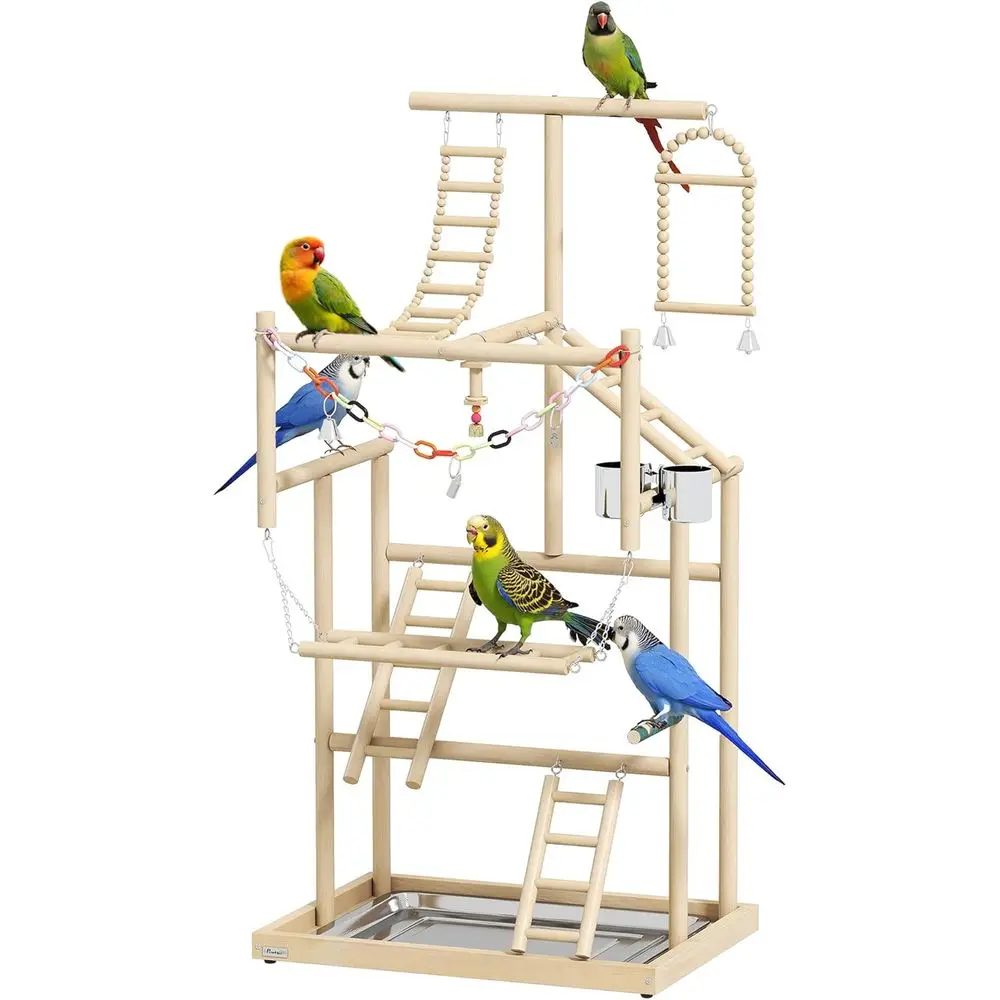 

4-Tier Wooden Parrot Playstand with Ladders, Toys, Cups, and Tray for Small Birds
