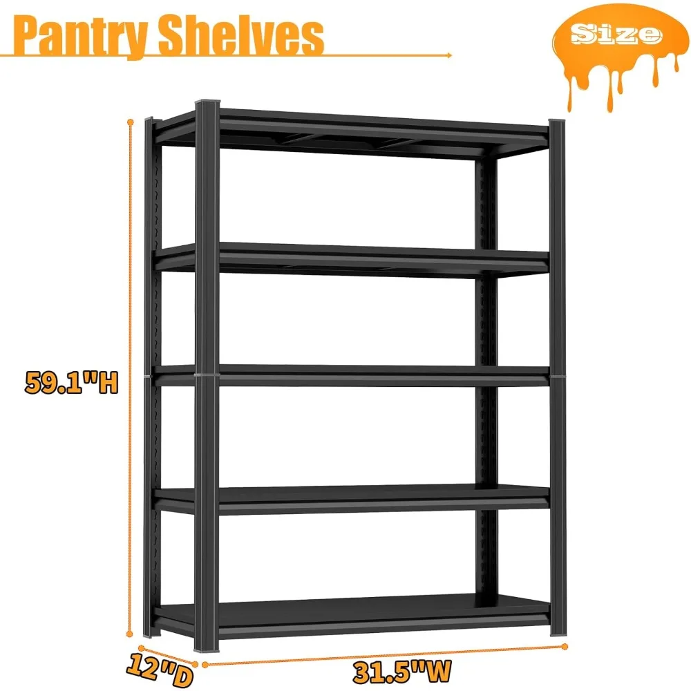 Adjustable Metal 5-Tier Shelving Unit, Heavy Duty Storage Rack, Detachable Shelves, 2000lbs Capacity, Utility Organizer for Home