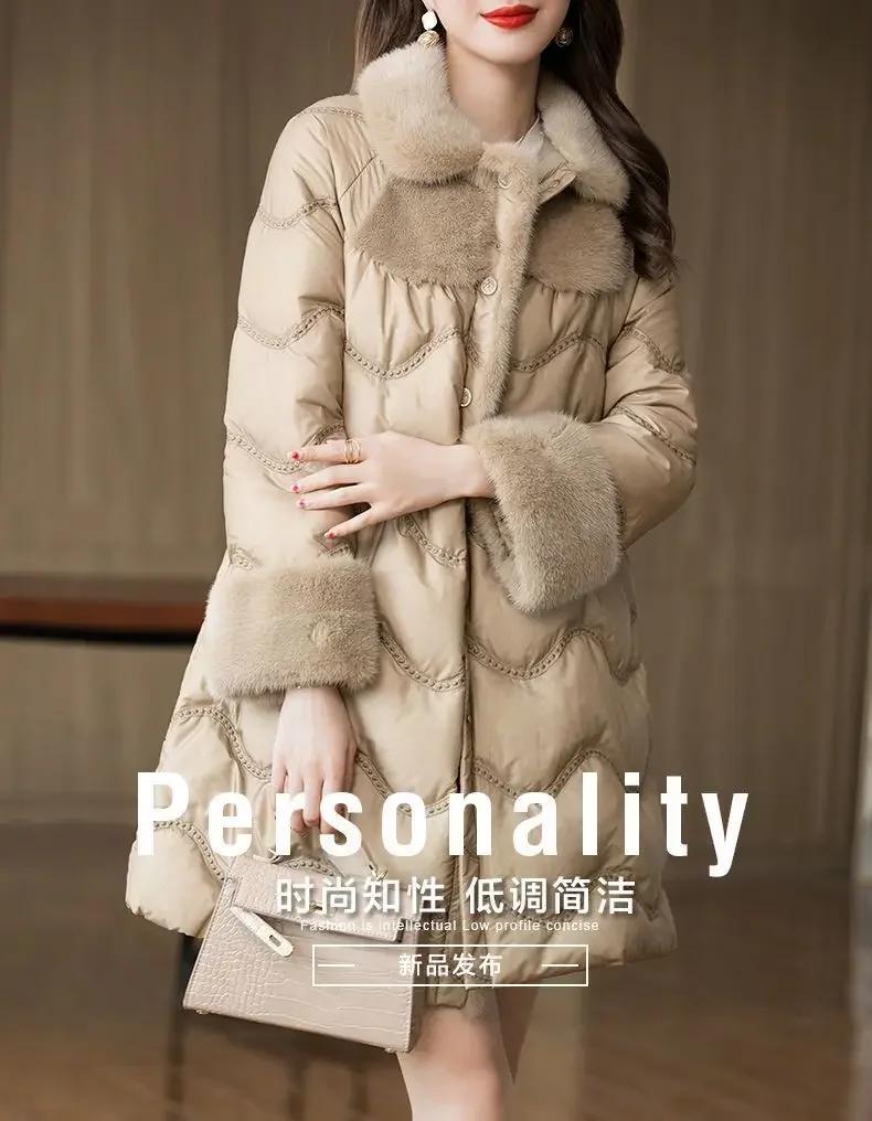 Mink Plush Collar Mid Length Women\'s Down Coat 2023 Winter New 90% White Duck Down Loose Coat Thickened Women Snow Wear Overcoat
