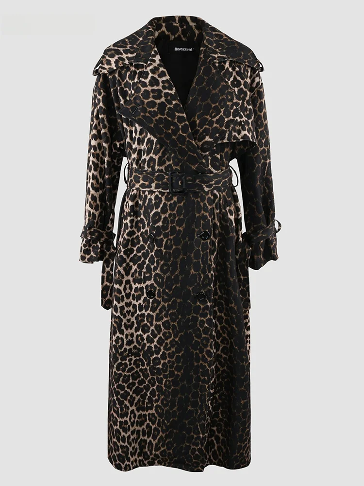 Nerazzurri Oversize Long Coat Leopard Print Korean Style Commute Windbreaker Polyester Fiber Double Button Pocket Detail