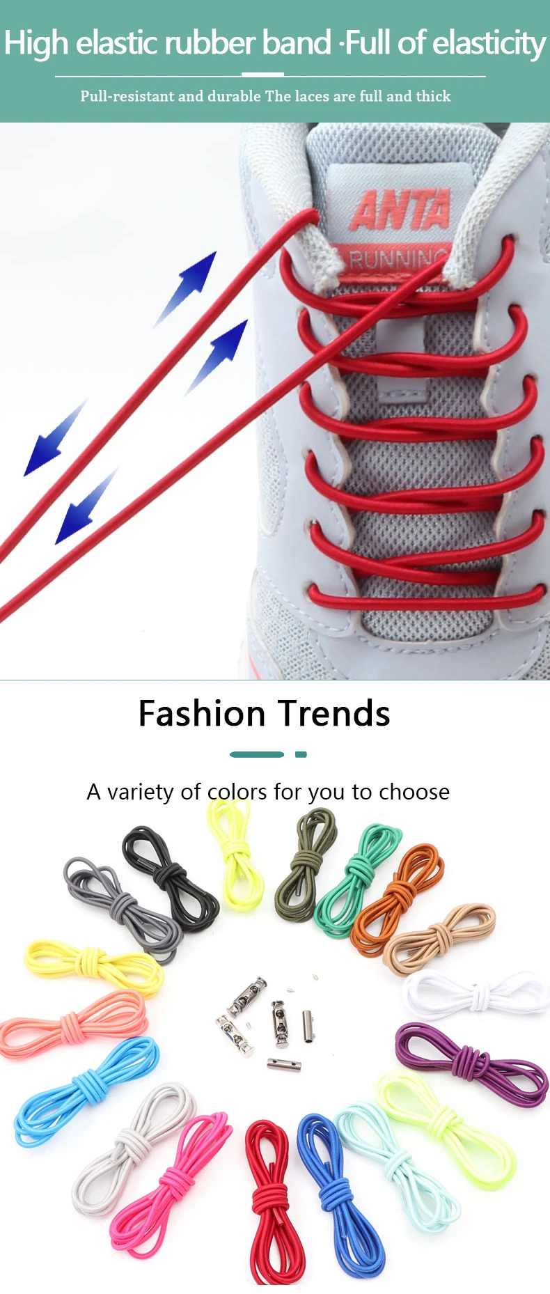 1 Pair No Tie Shoelaces For Sneakers Elastic Shoelace Metal Spring Lock Man And Woman Shoe Accessories Lazy Shoe Laces 100cm