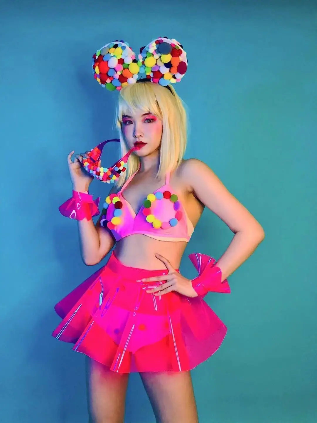 

Candy Festival Rave Show Nightclub Bar Performance Costume Cute Color Ball Bikini Skirt Outfit Women Dancer Team Sexy Stage Wear