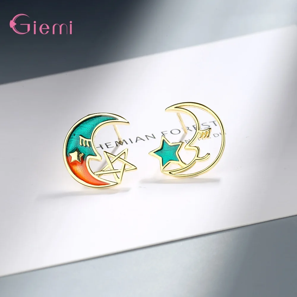 لطيف الحلو 925 فضة التدرج القمر ستار الصقيل وأقراط للنساء الفتيات الذكرى حزب الأزياء والمجوهرات الهدايا #2