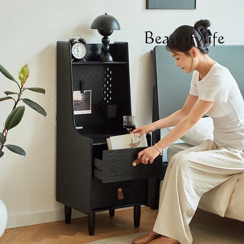 

Q F Nordic Solid Wood Black Small Bedside Cabinet Narrow Multi-functional Storage Bedroom Bedside Storage Cabinet