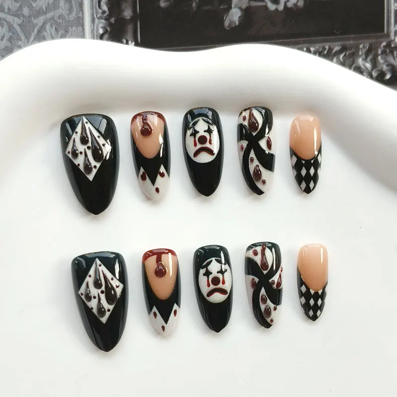 10 Stück niedliche, verspielte Clown-Maske, zum Aufkleben, künstliche Nägel, für Mädchen und Damen, abnehmbare Nagelspitzen, Karneval, süß, cool, Party – Detail 3