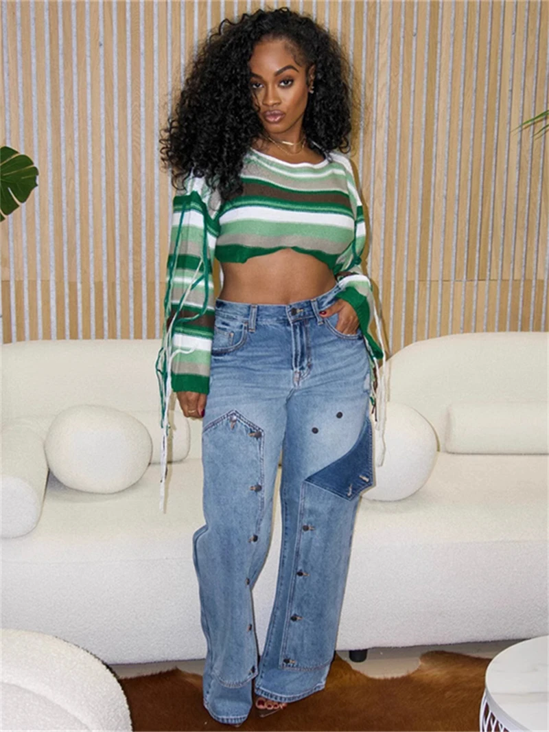 

Streetwear Button Adjust Jeans Cargo Pants Autumn Clothes Women Straight Leg Pants Denim Trousers Hip-Hop Jean Cargo Trousers