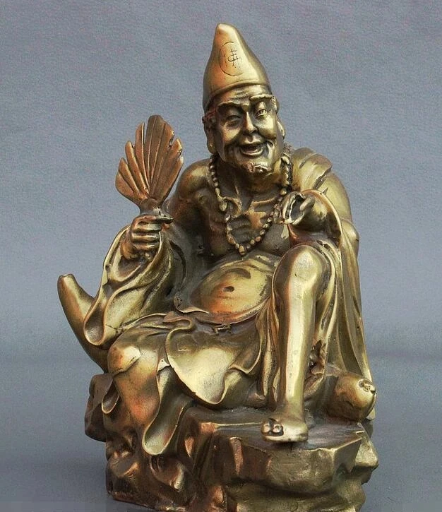 8inch Chinese Brass Mad Monk Dragon Lohan Arhat Chai Gong Ji Gong Buddha Fan Statue