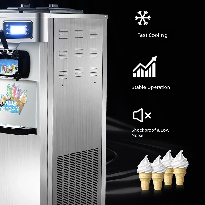 Ice Cream Machine, 3-Flavor Soft Serve, High Capacity Frozen Yogurt Maker, Automatic Countertop, Easy Operation, Commercial Use