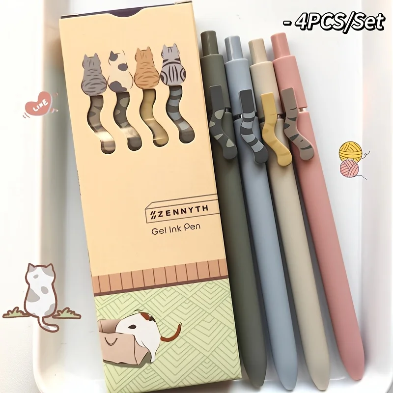 Cute Cat Gel Pen Morandi Color 0.5mm Balck Ink Quick-Dry Push Button Pens for Office School Students Exam Writing Stationery