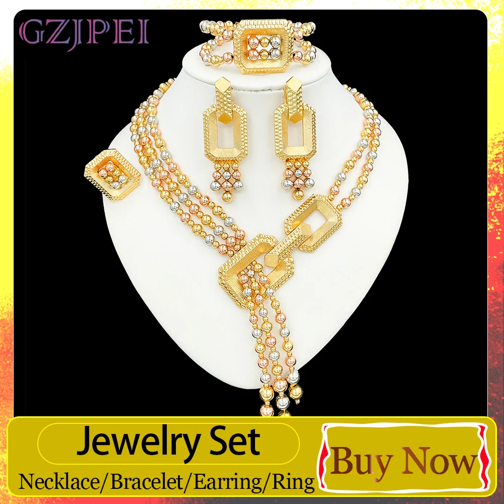 GZJPEI 2026 New Tri-color Tassel Jewelry Set Luxury Multi-layer Bead Chain Design Bridal Wedding Party Statement Jewellery Gift
