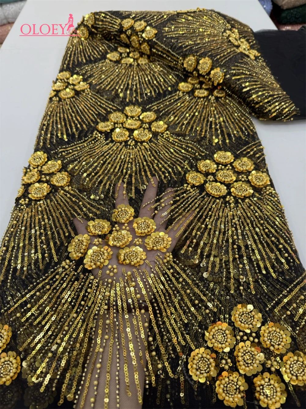 

Latest Hot Sale Fashion Africa Lace Fabric High Quality Handmade Embroidery Lace With Beads Sequins Party For Wedding Dress