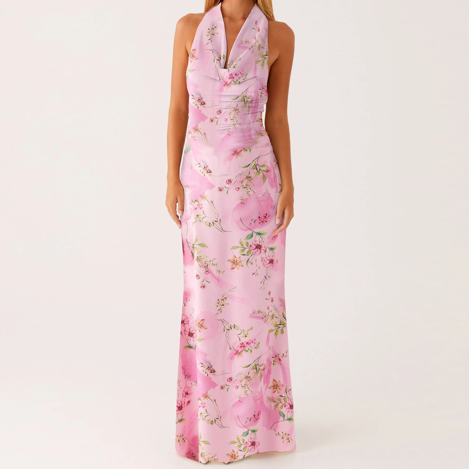 Women Summer Back Tie-up Halter Long Dresses Fashionable Flower Print Backless V Neck Slim Fit Sleeveless Dress