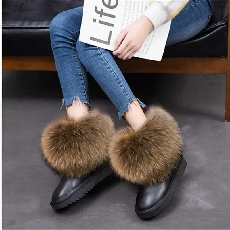 Careaymade-Luxury Winter Snow Boots Women Natural Real Fox Fur Boots Waterproof Genuine Suede Leather Boots Flat Short Boots 12