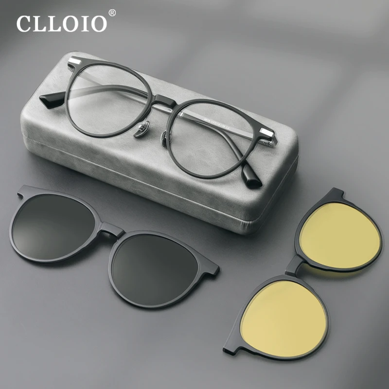 CLLOIO Classic Round Magnet Clip Prescription Glasses Men and Women Myopia Optical Polarization Progressive Reading Sunglasses