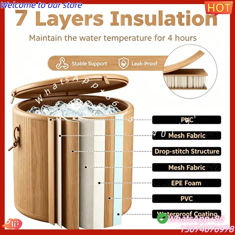 2026New Aesthetic Wood Grain Inflatable Ice Bath Tub Professional Cold Plunge for Garden Premium Insulated Ice Pod with