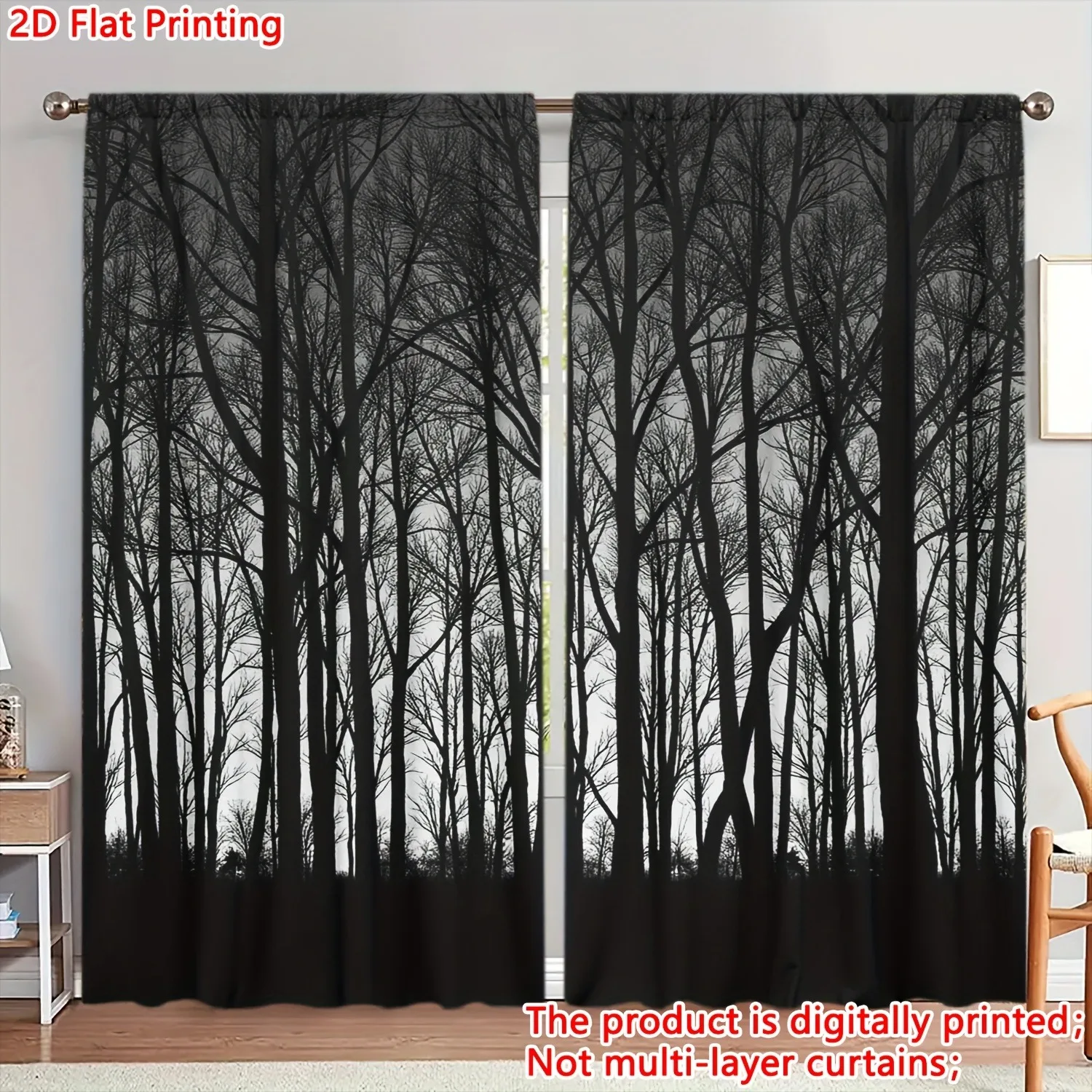2D plan, 2 pieces, Nordic style birch tree pattern curtains - pole mouth design, privacy protection - living room, bedroom, home