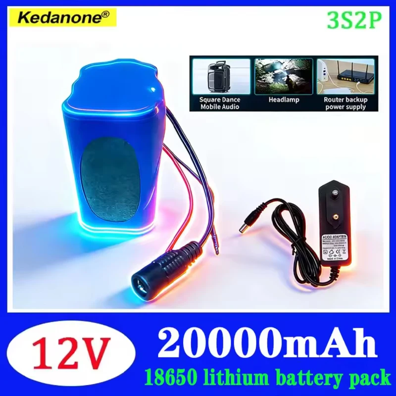 Hochkapazitäts-Akku-Pack 3S2P 12V 20000mAh, wiederaufladbar, 18650 Lithium-Ionen, ausgestattet mit BMS-Schutzplatine + 12V-Ladegerät